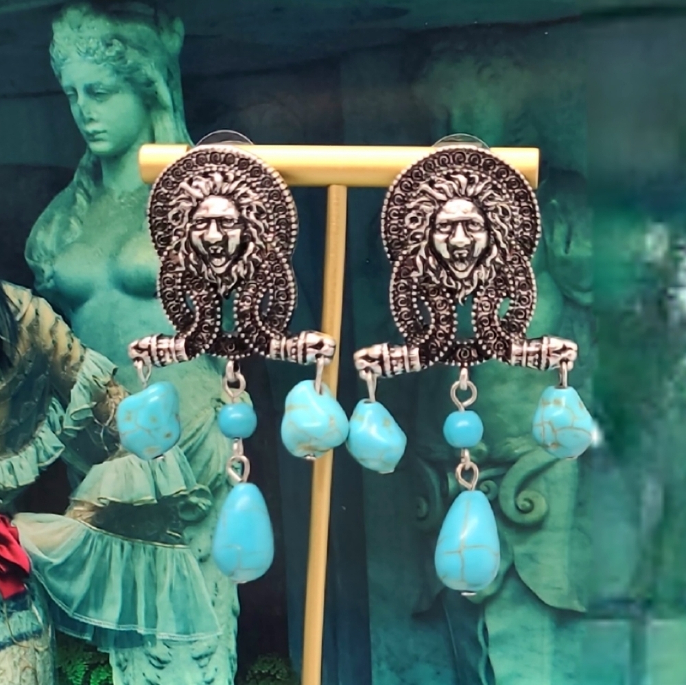 Vintage Estate Signed Versace Medusa Turquoise Silver Earrings